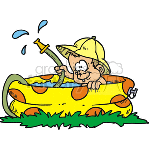 A Happy Baby Sitting in a Small Pool Playing with a Hose in the Water clipart.