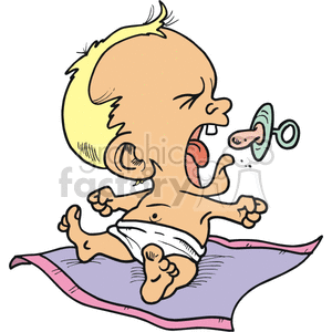 A Baby Sitting on a Purple and Pink Blanket Crying and loosing its Pacifier clipart.