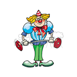 A Skinny Clown with a Striped Cone Hat Holding Barbells clipart.