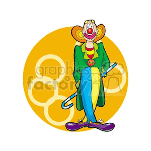 A Funny Clown Wearing Purple Shoes Crossed legs and Holding a Blue and White Cane clipart. Royalty-free image # 156657