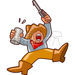A Drunk Cowboy Yelling While Holding a Drink and his Gun in the Air clipart. Commercial use image # 156826