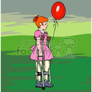 A Young Girl with Braces on her legs Using Crutches Holding a Red Balloon clipart.