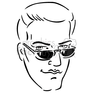 The image is a black-and-white line drawing of a person's face. The individual appears to have short hair, is wearing sun glasses, and exhibits a neutral expression with a closed mouth.