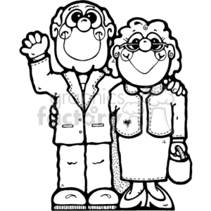 Black and white Happy Older Couple Her holding her Purse and He waiving clipart. Royalty-free image # 157435