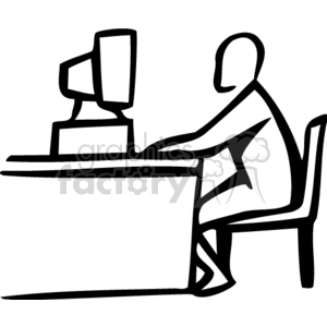 Black and White Person Sitting at a Desk Working on a Computer clipart. Commercial use image # 158572