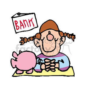 clipart - A little girl in pigtails with a piggy bank playing banker.