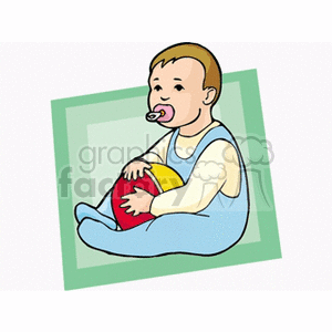 A little baby in a blue jumper and a pacifier holding a ball