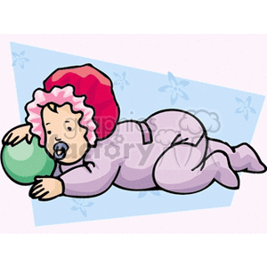 clipart - A little baby in a red bonnet and purple sleeper playing with a ball.