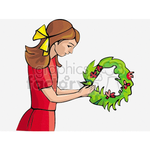 clipart - Girl in red dress with yellow bows holding a wreath.