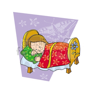 A little girl laying in her bed covered with a red blanket clipart. Royalty-free image # 158958