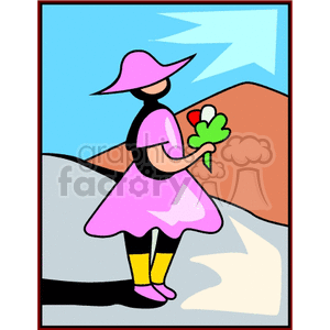 A girl in a pink dress and hat holding a bouquet of flowers