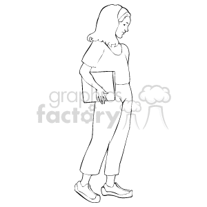 The clipart image features a girl walking and holding a book. She has a thoughtful expression and is dressed in casual clothing with shoes.