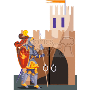 Knight in front of a castle gate clipart. Commercial use image # 159265