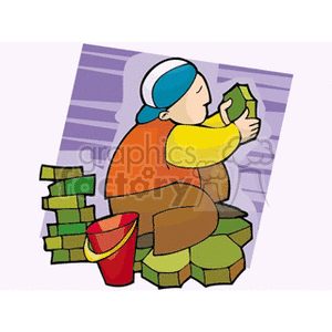 Cartoon construction worker looking at tiles  clipart.