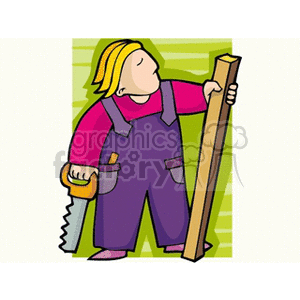 Cartoon man holding a board and handsaw clipart. Commercial use image # 159995