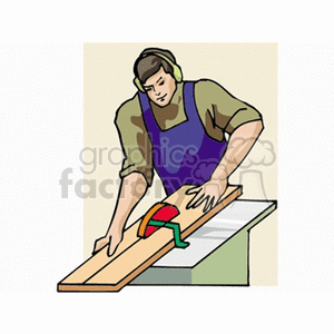 clipart - Cartoon carpenter using a circular saw.