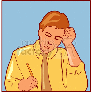 cartoon man wearing a yellow shirt and tie with a pencil 