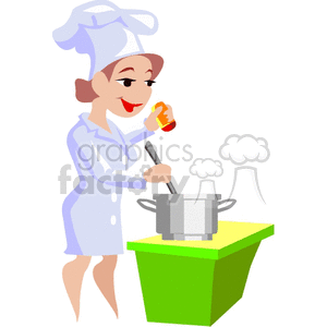 Woman chef shaking pepper and stirring in a pot clipart. Royalty-free image # 161115