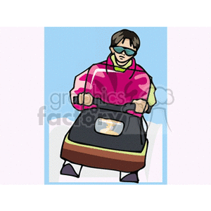 little boy in a pink coat riding a snowmobile