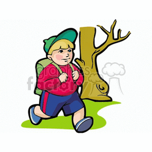 Boy hiking in the woods with his backpack clipart.