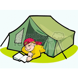 A boy camping reading a book in his tent clipart.