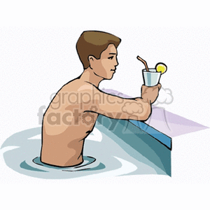 Boy at the side of the pool drinking lemonaide clipart.