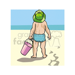A child at the beach wearing a green hat holding a pink pail
