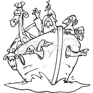 clipart - Noahs ark with him and all the animals on it in balck and white.