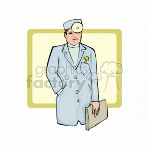 The clipart image features a cartoon of a medical professional, possibly a doctor, dressed in a light blue lab coat with a stethoscope around the neck. The figure is also wearing a head mirror, traditionally used by doctors to reflect light for examinations, and is carrying a file or medical chart. The doctor has a professional demeanor.