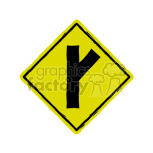 The clipart image depicts a yellow diamond-shaped road sign that features a black symbol indicating a split in the road ahead, commonly referred to as a Y Intersection sign. This sign is used to warn drivers that the road ahead splits into two directions and they should proceed with caution.