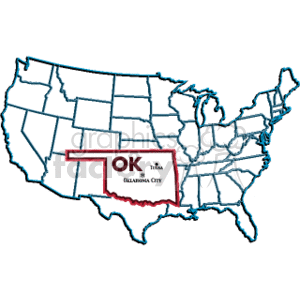 The clipart image features a map of the United States with the state of Oklahoma highlighted. Inside the outline of Oklahoma, there is a text box with the letters OK in large font, an ampersand (&), and the words TEXAS and OKLAHOMA CITY underneath.