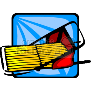 The image shows a colorful clipart of a traditional wooden sled against a blue background that suggests snow and winter. The sled has red details and appears to be on a slight incline, which is typical in illustrations to suggest motion or readiness for sliding down a snowy hill.