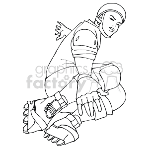 The image is a black and white line drawing of a person engaged in rollerblading. They are wearing protective gear including knee pads, elbow pads, and a helmet. The person has their arms slightly extended for balance, and they appear to be in motion on rollerblades.