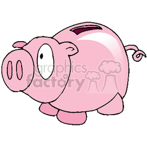The clipart image shows a piggy bank, which is a small container, usually made of ceramic or porcelain, used to save coins. The image depicts a traditional design of a piggy bank, which resembles a pig with a coin slot on its back. It has a curly tail and big eyes.
