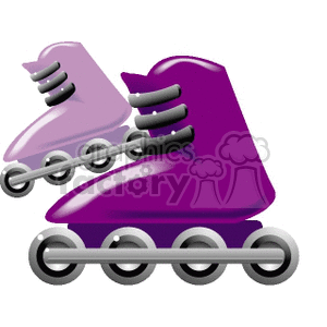 The clipart image shows a pair of rollerblades, which are a type of inline skates with wheels arranged in a single line. The rollerblades have a purple color scheme and are shown from a side-view perspective.
