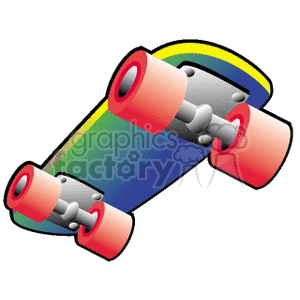 A Rainbow Skateboard with Silver Trucks and Red Wheels