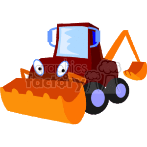 The clipart image features a stylized, cartoon-like representation of a construction tractor, also known as a backhoe loader. It is characterized by a red body, with eyes and a mouth suggesting an anthropomorphic design. The tractor has a front loader bucket and a rear digging arm with a bucket, wheels instead of tracks, and a blue-tinted window on its cab.