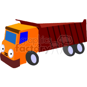 The clipart image features a cartoon-styled dump truck typically used for heavy equipment construction tasks. The truck has an orange cabin and a large red dump body capable of transporting materials used in construction sites.