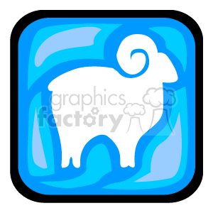 The clipart image features a stylized representation of the Aries zodiac sign. It includes a white ram silhouette with a prominent horn swirling back over its body, set against a blue square background with abstract, decorative elements.