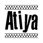 The image contains the text Atiya in a bold, stylized font, with a checkered flag pattern bordering the top and bottom of the text.