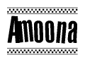 The image contains the text Amoona in a bold, stylized font, with a checkered flag pattern bordering the top and bottom of the text.