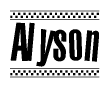 The image is a black and white clipart of the text Alyson in a bold, italicized font. The text is bordered by a dotted line on the top and bottom, and there are checkered flags positioned at both ends of the text, usually associated with racing or finishing lines.