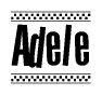 The image contains the text Adele in a bold, stylized font, with a checkered flag pattern bordering the top and bottom of the text.
