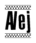 The clipart image displays the text Alej in a bold, stylized font. It is enclosed in a rectangular border with a checkerboard pattern running below and above the text, similar to a finish line in racing. 