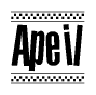 The clipart image displays the text Apeil in a bold, stylized font. It is enclosed in a rectangular border with a checkerboard pattern running below and above the text, similar to a finish line in racing. 