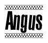 The image is a black and white clipart of the text Angus in a bold, italicized font. The text is bordered by a dotted line on the top and bottom, and there are checkered flags positioned at both ends of the text, usually associated with racing or finishing lines.
