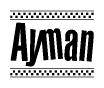 The image contains the text Ayman in a bold, stylized font, with a checkered flag pattern bordering the top and bottom of the text.