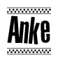 The image is a black and white clipart of the text Anke in a bold, italicized font. The text is bordered by a dotted line on the top and bottom, and there are checkered flags positioned at both ends of the text, usually associated with racing or finishing lines.