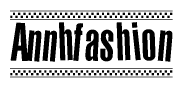 The image is a black and white clipart of the text Annhfashion in a bold, italicized font. The text is bordered by a dotted line on the top and bottom, and there are checkered flags positioned at both ends of the text, usually associated with racing or finishing lines.