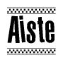 The image is a black and white clipart of the text Aiste in a bold, italicized font. The text is bordered by a dotted line on the top and bottom, and there are checkered flags positioned at both ends of the text, usually associated with racing or finishing lines.